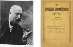 Radiopionier Jan Corver en zijn eerste boekje uit 1916 'Het Draadloos Ontvangstation voor den radioamateur’ (bron: Fotoarchief Beeld en Geluid)